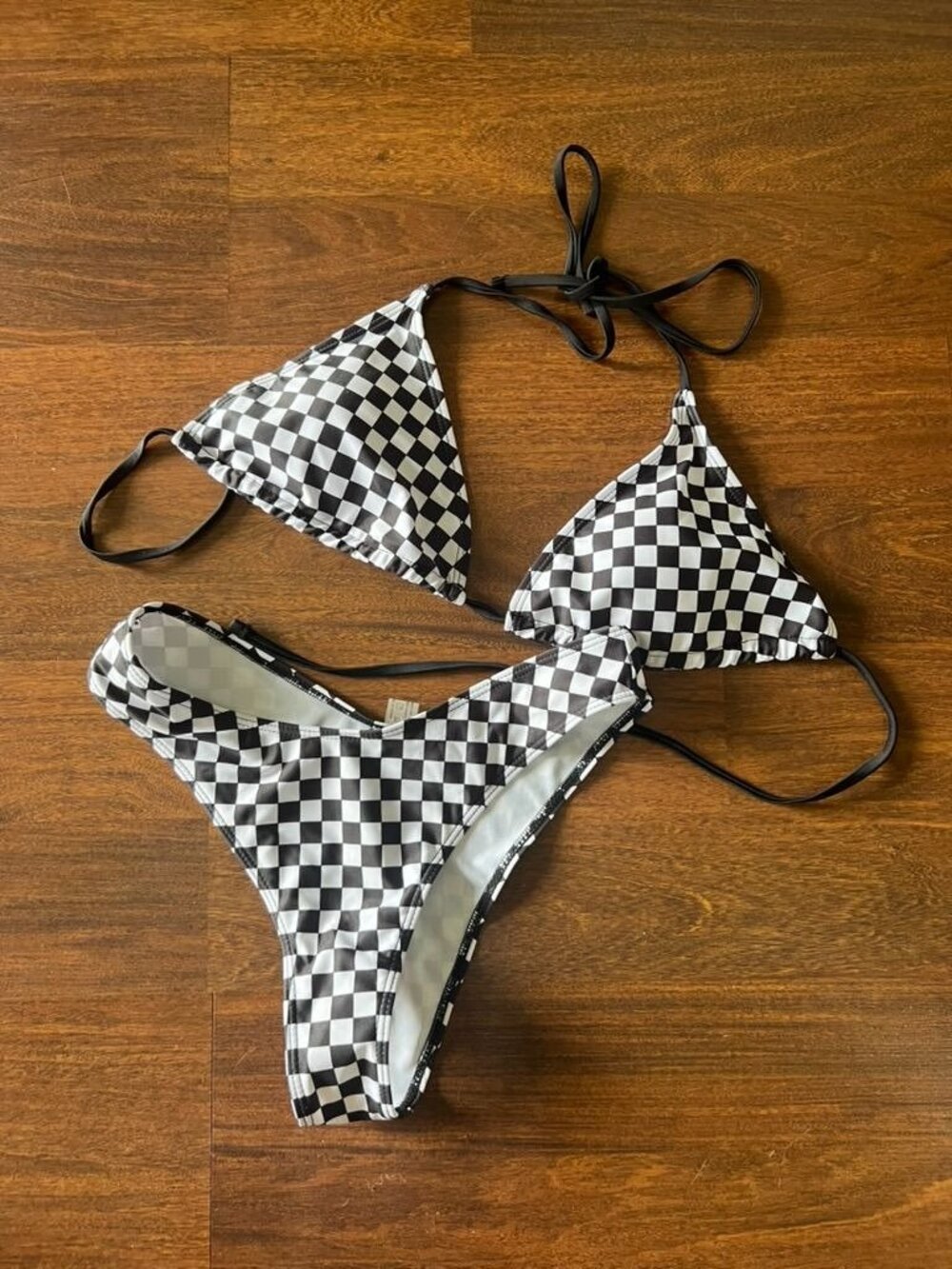 Shein Black White Checkered Bikini Set Triangle Top High Cut Bottoms Size M New